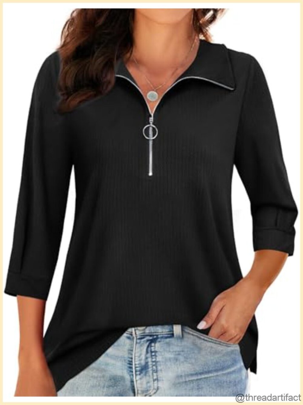 Womens 3/4 Sleeve V Neck Zipper Polo Blouse Work Top